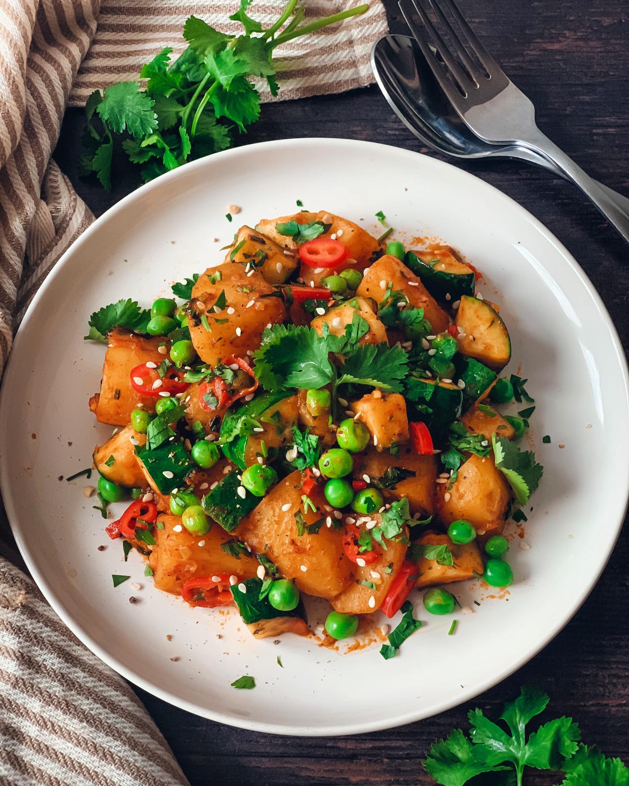 Spicy-Curried-Potatoes with Peas and Courgettes