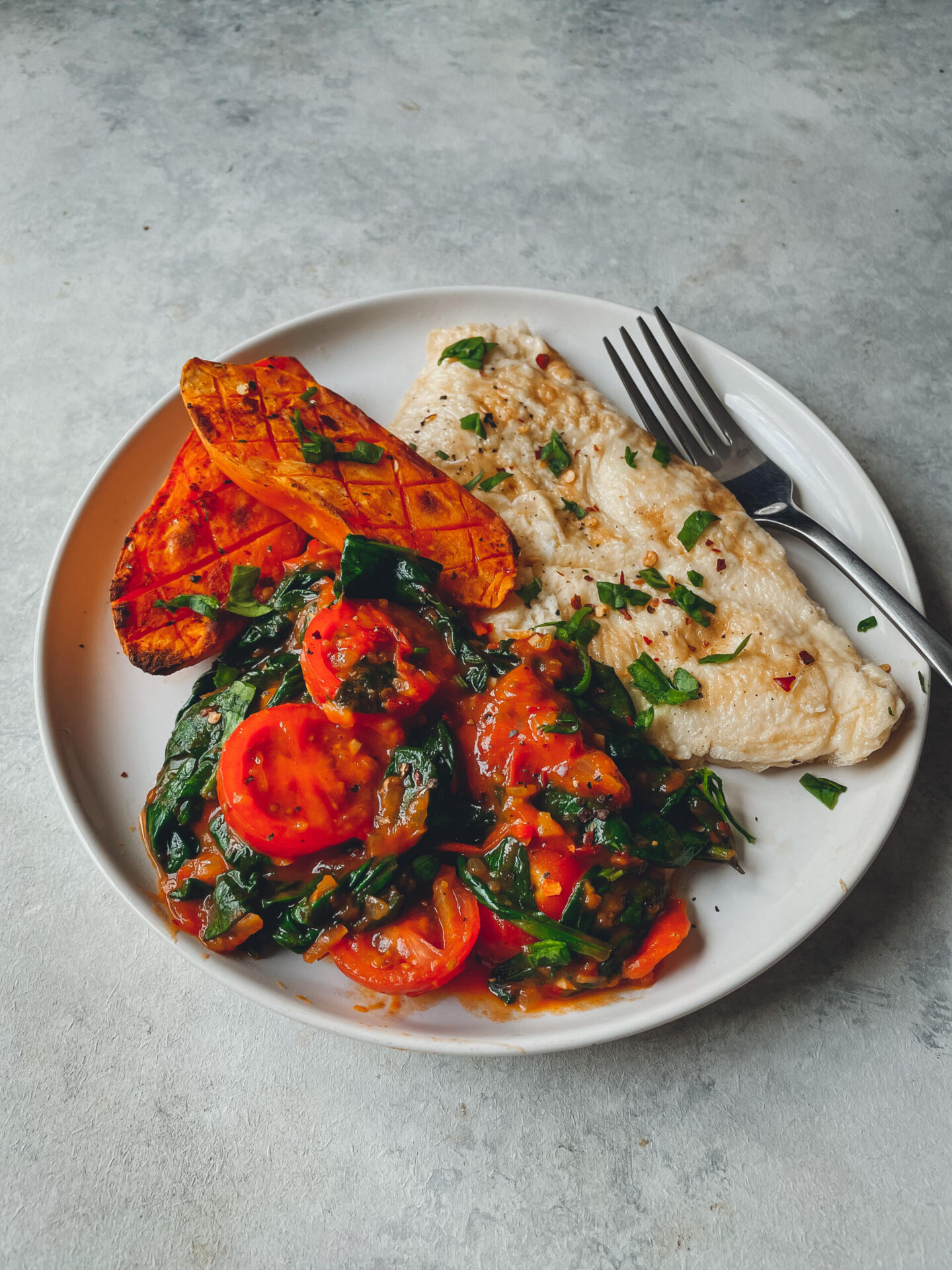 Roast Sweet Potatoes, Omelette and Spinach in Tomato Sauce