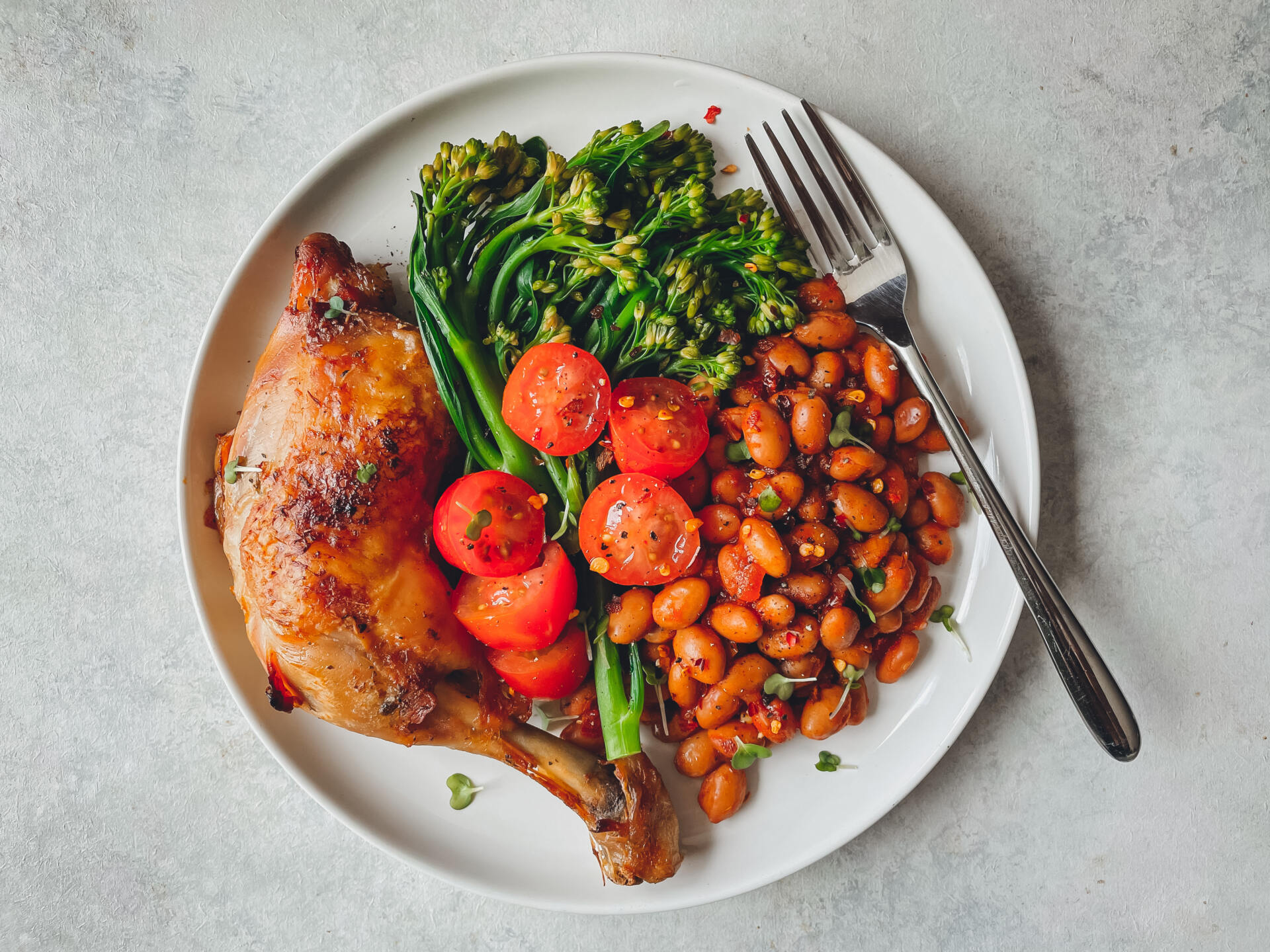 Chipotle Pinto Beans, Roast Chicken, Steamed Broccolini